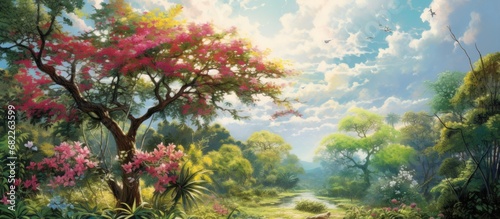 In the lush summer garden, a tree adorned with vibrant green leaves and colorful tropical flowers swayed in the gentle breeze, painting a beautiful scene of nature's floral beauty with a brush of red