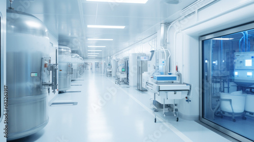 Pharmaceautical clean room, industrial design for large scale chemical production in controlled sterile conditions.