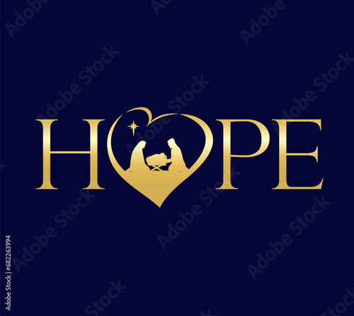 HOPE concept with silhouettes christian Nativity in heart. A Child is Born, celebrate Christmas - church social media banner template. Vector illustration