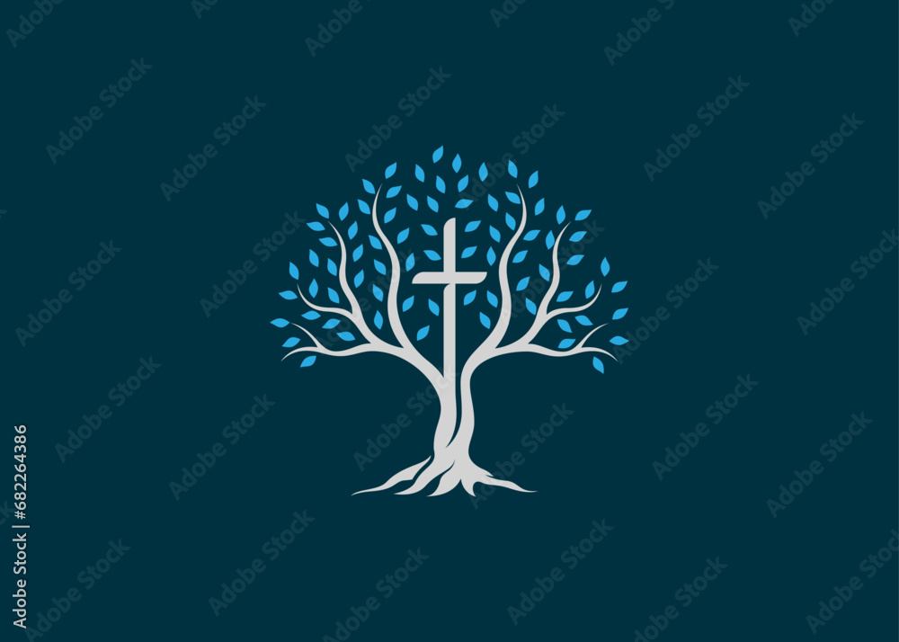 Religious cross logo sign modern vector graphic abstract tree leaf