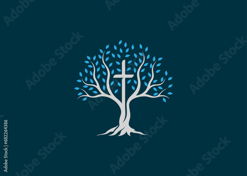 Religious cross logo sign modern vector graphic abstract tree leaf