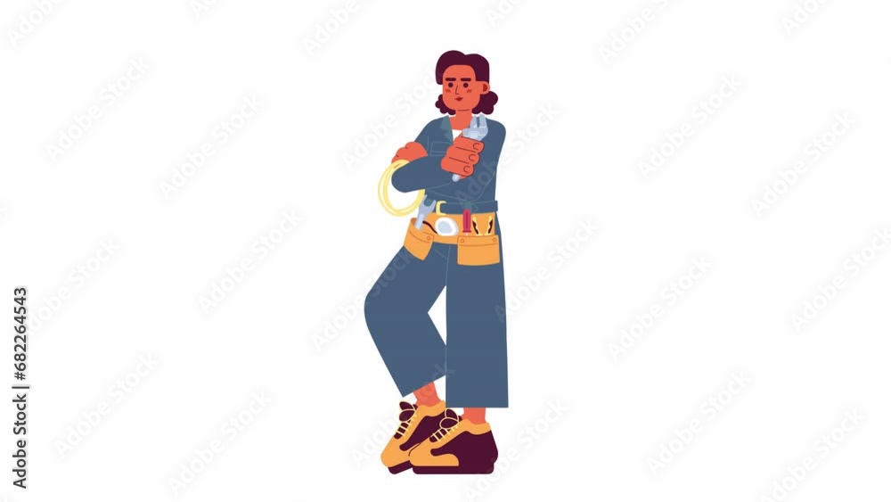 Handywoman holding tools cartoon animation. Auto mechanic woman latinamerican 4K video motion graphic. Latina technician renovator workshop 2D color animated character isolated on white background Handywoman holding tools cartoon animation. Auto mechanic woman latinamerican 4K video motion graphic. Latina technician renovator workshop 2D color animated character isolated on white background