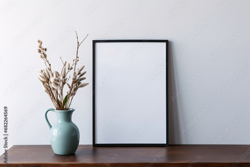 Blank wooden picture frame on wall and floor, blank photo album template illustration Blank wooden picture frame on wall and floor, blank photo album template illustration