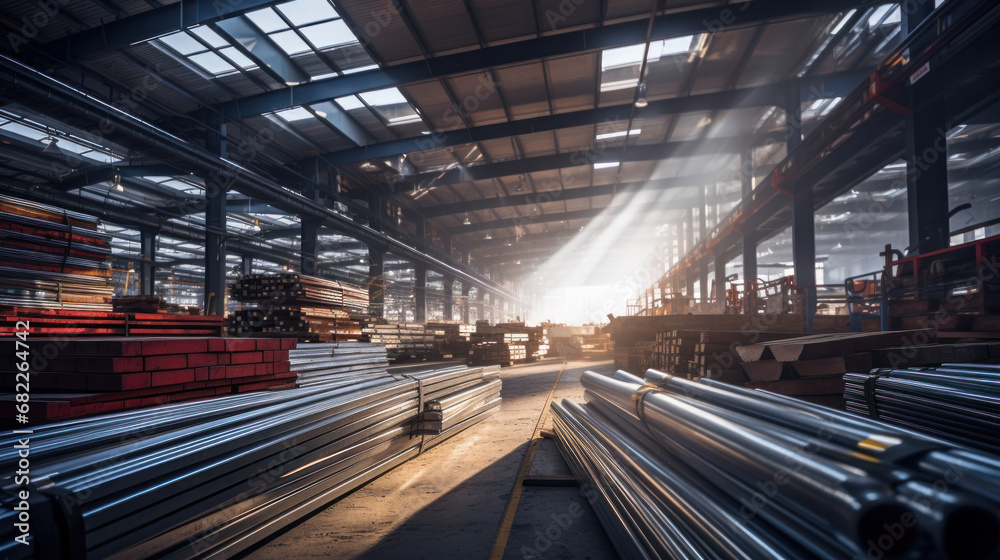 Steel in industrial warehouse.