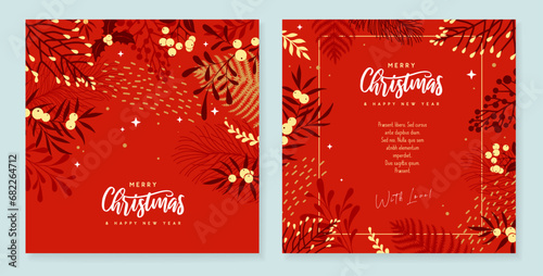 Set of Christmas holiday greeting cards or covers with christmas floral desoration. Vector illustration