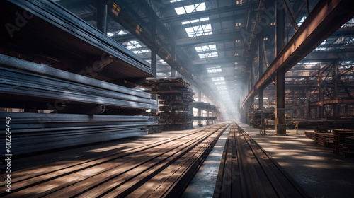 Steel in industrial warehouse.