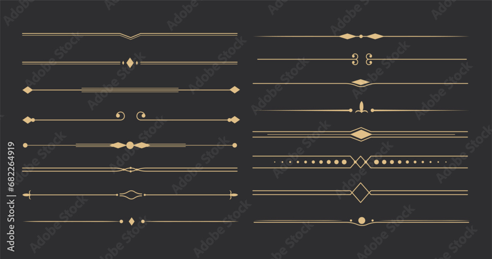 Text devider set, gold line minimal separators, elegant doodlle borders, decorative elements isolated on dark background.