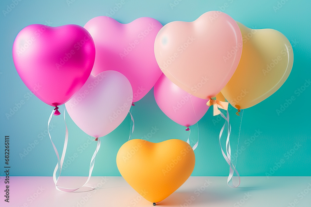 Illustration pink heart balloons on light blue wall background, bender style