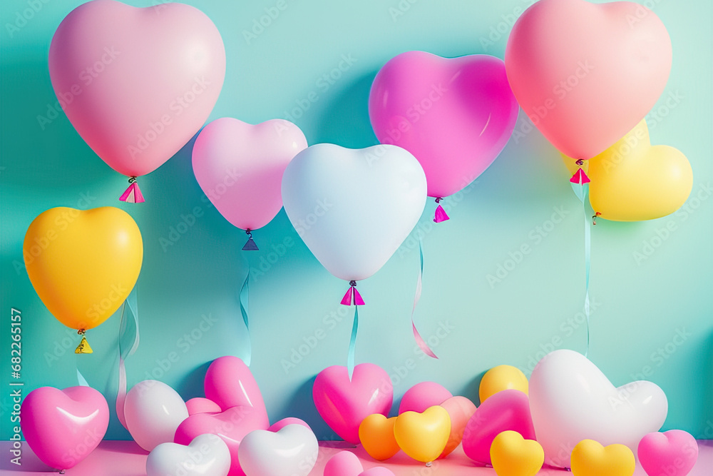 Illustration pink heart balloons on light blue wall background, bender style