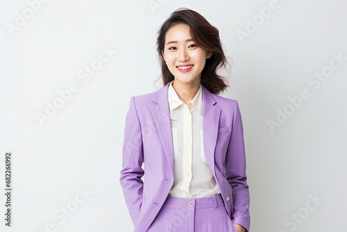 Korean Woman in Office Attire on Isolated White Background.