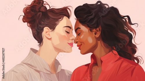 "Illustration of a Lesbian Couple Looking at Each Other with Love and a Smile, Send out Affectionate Joy and Tender Intimacy