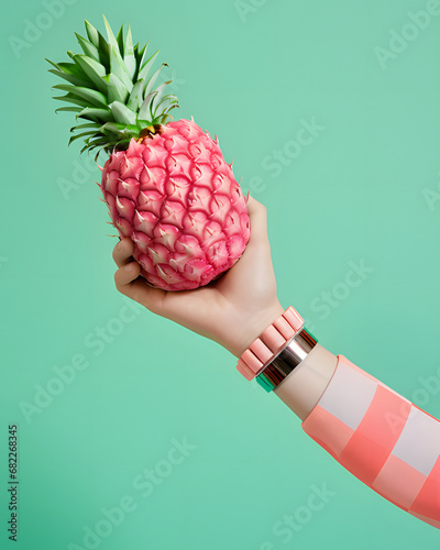 Pink pineapple in the hand.Creative minimal food concept photo
