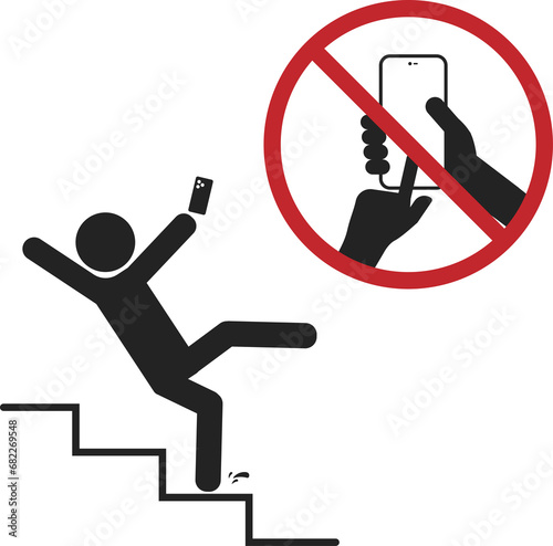 Isolated illustration of man stick figure walking down stair with hold or while use hand phone, no phone usage red circle crossed, for caution cell phone using restricted safety sign 
