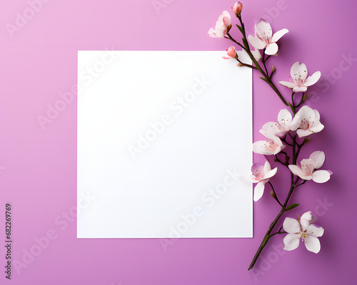 Creative layout made of flowers and leaves with paper card note.Flat lay