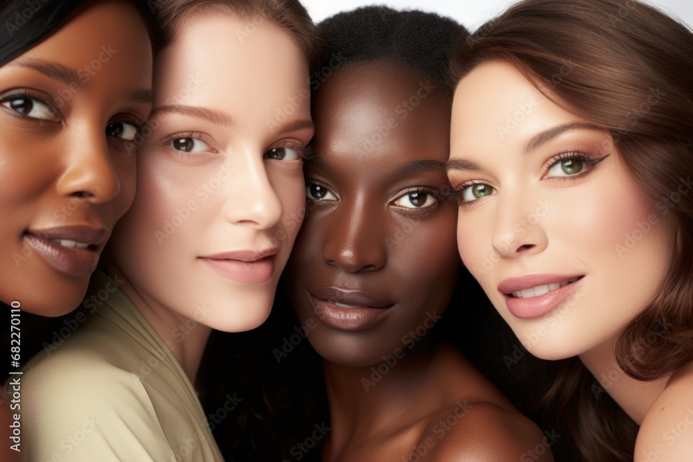 Beautiful women with various skin tones, group of people from different ethnic backgrounds, diversity of human skintones, unique skin tone shades, authenticity and inclusivity concept