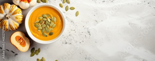 Pumpkin soup with pumpkin seeds in bowl on light luxury stone table with AI