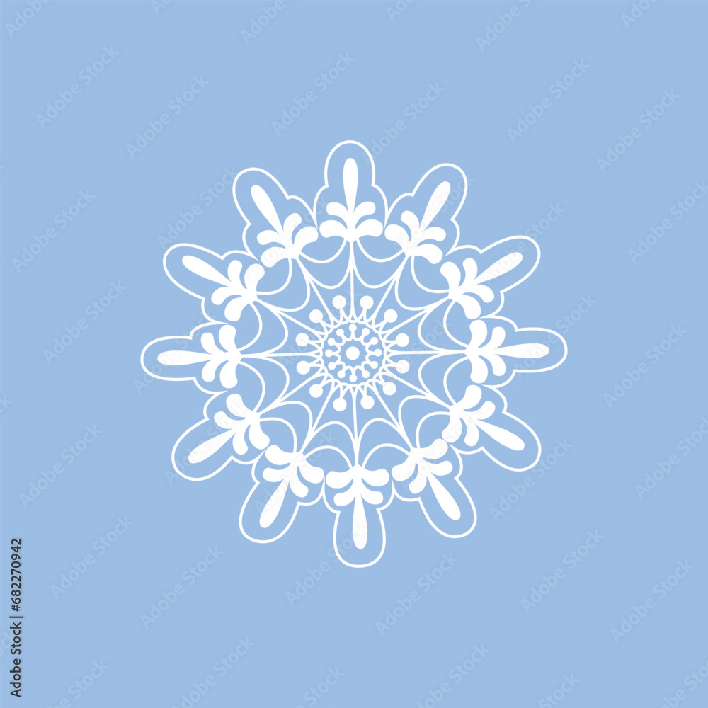 Snowflake. Beautiful snowflake in cartoon style. A white snowflake on a blue background. Winter Christmas illustration. Vector