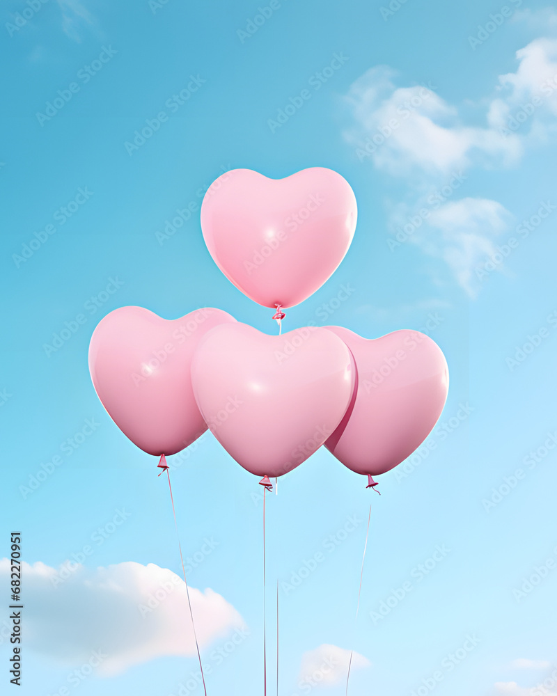 pink heart  shaped balloons in the sky.Minimal valentine's concept