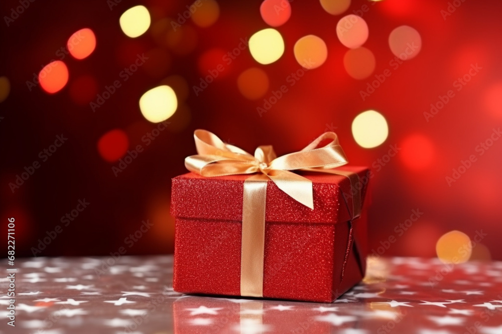 Red gift box with Christmas ornament on red background Red gift box with Christmas ornament on red background