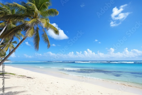 A Serene Paradise  Palm Trees  Clear Blue Water  and Sandy Beaches