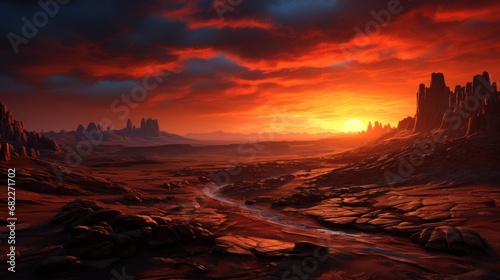 A barren desert against a vibrant sunset sky AI generated illustration © ArtStage