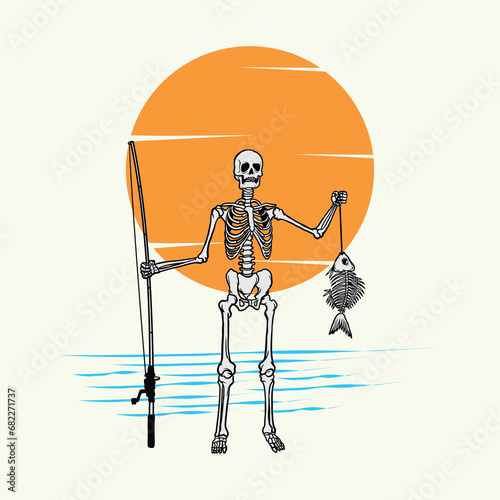 Skeleton holding a fishing rod and fish vector
