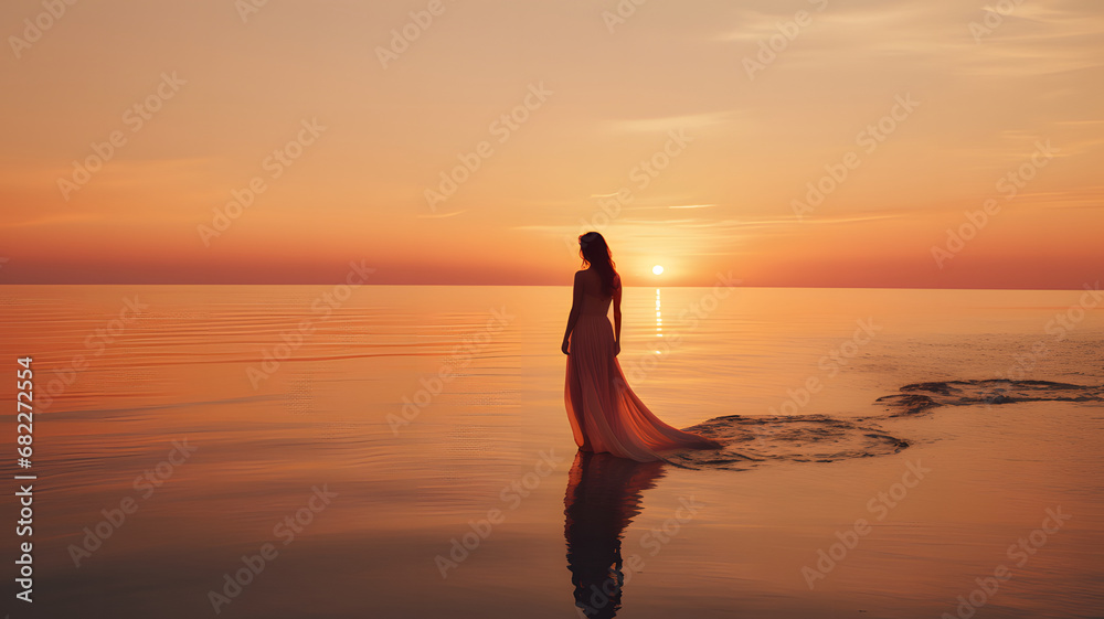 woman on the beach at sunset.Minimal summer concept