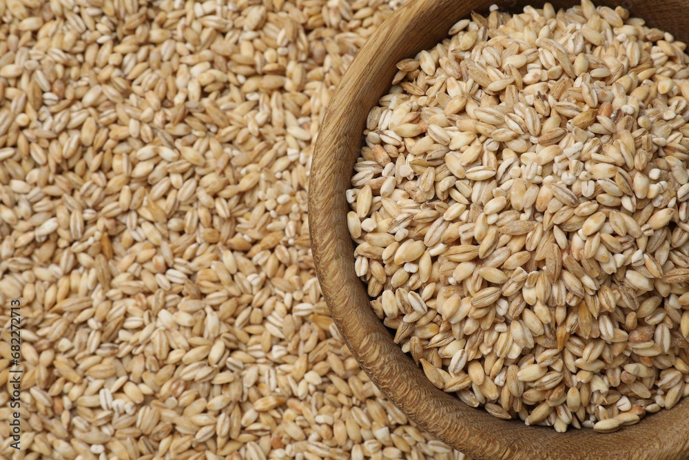 Pearl barley in bowl on dry grains, top view. Space for text Pearl barley in bowl on dry grains, top view. Space for text