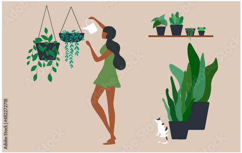 Happy woman watering houseplants at home vector illustration.. Hobby, stay home, lifestyle, home garden and houseplants concept