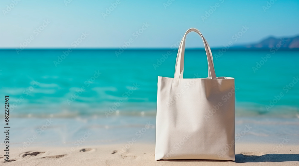 Textile blank eco bag on resort sea beach background. Shopping bag ...