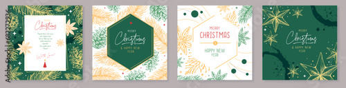 Set of Christmas holiday greeting cards or covers with floral desoration. Vector illustration