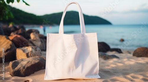 Textile blank eco bag on resort sea beach background. Shopping bag template space for branding and your print