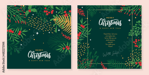 Set of Christmas holiday greeting cards or covers with christmas floral desoration. Vector illustration