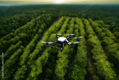 Smart drones equipped with seed-dispersing mechanisms, aiding in reforestation efforts by planting trees in hard-to-reach areas. photo