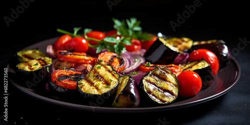 Closeup of grilled vegetables, Grilled vegetables, eggplant, bell pepper, zucchini, red onion, tomato on plate. Top view. Generative AI