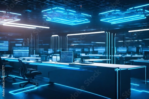 Futuristic office setting with drones delivering electronic documents to designated workstations.