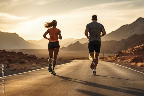 Outdoors lifestyle runners. Man and woman running from behind in desert.