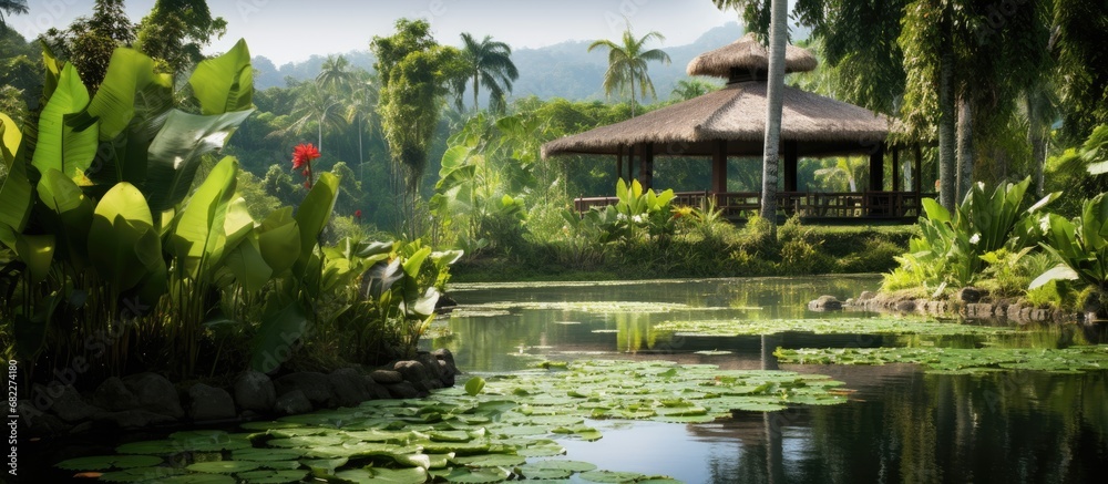 The isolated spa resort was nestled against a picturesque background of lush green nature, with vibrant leaves and white flowers enhancing its beauty and tranquility, offering a wide range of The isolated spa resort was nestled against a picturesque background of lush green nature, with vibrant leaves and white flowers enhancing its beauty and tranquility, offering a wide range of