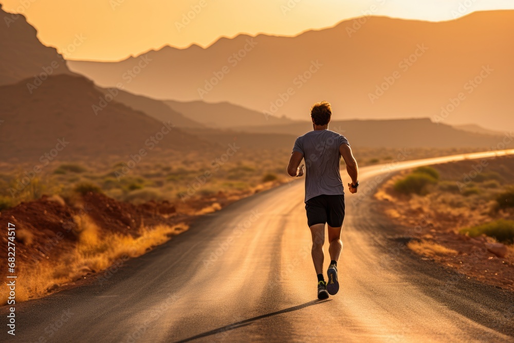 Outdoors lifestyle runners. Man running in nature from behind in desert. Outdoors lifestyle runners. Man running in nature from behind in desert.