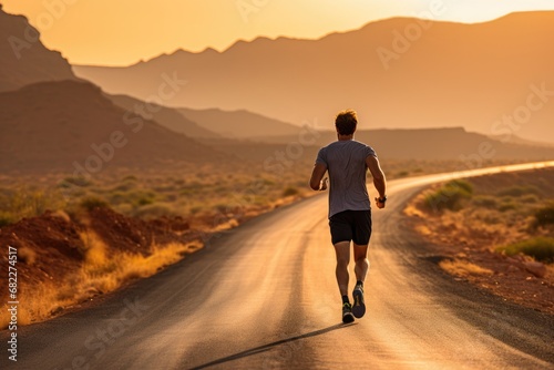Outdoors lifestyle runners. Man running in nature from behind in desert. photo