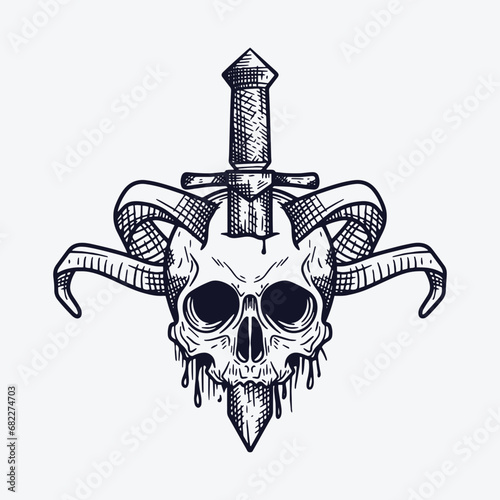vintage logo design of horned skull head with sword