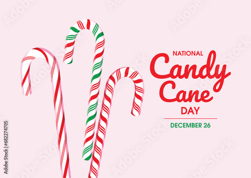 National Candy Cane Day poster vector illustration. Christmas candy cane icon set isolated on a pink background. Sweet christmas symbol. Hard peppermint stick candy drawing. December 26 every year