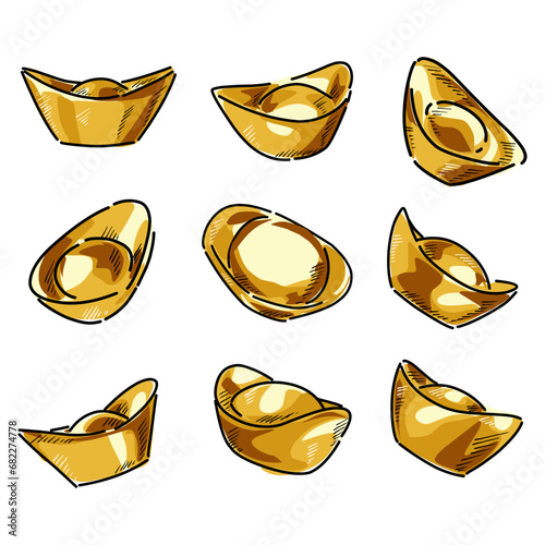 drawing of Chinese gold ingot isolated on transparent background. Vector comic style golden money icon. chinese lunar new year 