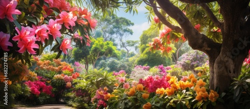 In the lush garden, a magnificent floral display captures the essence of summer with vibrant tropical blooms, colorful leaves, and a verdant tree symbolizing the beauty and healthy growth of nature in