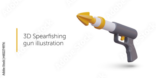 3d spearfishing gun equipment. Black item for underwater hunt concept. Weapon in black color with yellow arrow. Vector illustration in 3D style with place for text