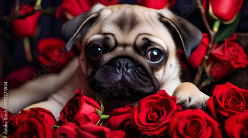 Valentines background - cute pug puppy sitting in a pile of red roses,copy space.