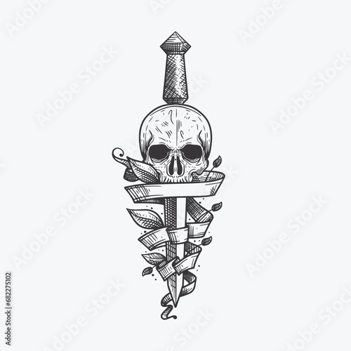 vintage skull head logo design with leaf and dagger ornament