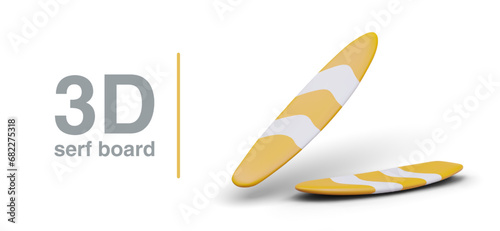 Realistic surfboard in different positions. Equipment for summer recreation on sea, ocean coast. Yellow white board with shadows. Vector modern illustration