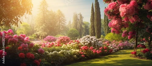 In the beautiful garden, amidst the vibrant greenery and colorful blooms, a radiant floral display of pink and red petals adorned the summer landscape, creating a stunning spectacle of natural beauty