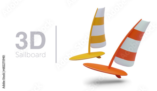 Placard with sailboards in yellow and orange colors on white background. Sports equipment concept. Vector illustration in 3d style with place for text